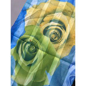 Vintage Rose Floral Rectangle Scarf Lightweight Polyester Blue Multi Neck Wrap